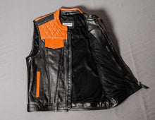 black orange leather motorcycle vest