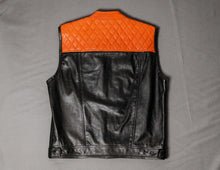 Leather vest motorcycle, black orange color diamond stitched