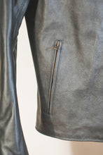 Side pocket zipper detail on grey leather motorcycle jacket