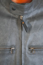 Rear close-up view of leather jacket showing stitching details