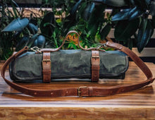 Handcrafted waxed canvas and leather knife roll with detachable shoulder strap for chefs