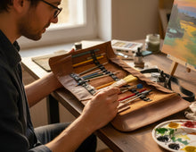 Artist organizing paintbrushes and pencils in a handcrafted brown leather tool roll-up case on a wooden desk – premium handmade art supply organizer by Fashion Racing