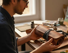 Artisan handcrafted large leather artist tool roll-up case on a wooden desk, ideal for storing brushes, pens, and art supplies – premium handmade drawing case by Fashion Racing