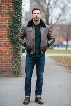 Men wearing brown leather aviator jacket