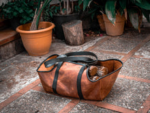 Description: This image depicts a handmade leather log carrier designed for transporting firewood. It offers a stylish and practical solution for easy transport of logs