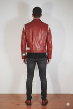 Men’s red and white leather jacket with front zipper, modern biker style
