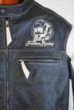 Close-up of Fashion Racing Dead Fire embroidered patch on black leather jacket