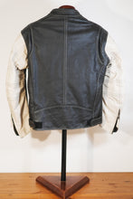 Back view of black and white café racer leather biker jacket with white sleeves