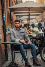 Model wearing gray leather cafe racer motorcycle shirt jacket back view