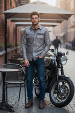 Model men wearing gray leather shirt jacket front view