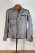 Men’s gray leather shirt jacket front view on mannequin