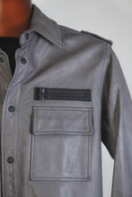Men’s handcrafted gray leather trucker jacket front view