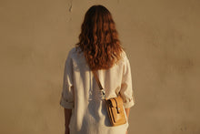 Back view of yellow leather crossbody bag on women. Leather purse handcrafted by fashionracing.com