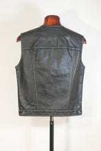 Back of men’s black leather motorcycle vest — genuine cowhide biker vest with reinforced stitching and classic club cut.