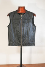 Men’s black leather biker vest front view — handmade motorcycle club vest made of genuine cowhide leather by Fashion Racing.