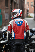 Rider on sportbike wearing leather racing jacket – back view