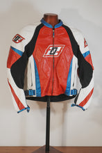 Red white blue leather racing jacket displayed on mannequin front view