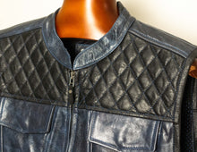 Blue handmade Motorcycle Black Leather Vest diamond stitched