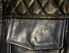 Blue Black Leather Vest diamond stitched pocket