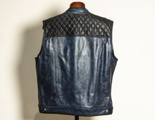 Motorcycle Blue Black Leather Vest diamond stitched