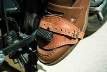 Brown leather motorcycle shift protector with button – rugged gear shifter guard for biker boots and shoes