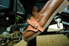 Leather motorcycle gear shift protector on brown loafer – handmade toe guard for bikers to prevent scuff marks on shoes