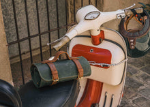 Green and brown genuine leather motorcycle tool roll on vintage scooter seat with helmet, handcrafted durable wrench organizer, biker gift idea