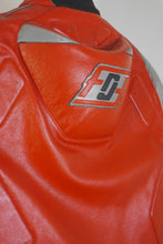 Back of red motorcycle leather jacket with Fashion Racing logo and protective padding