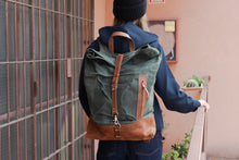 Green Canvas with Brown Leather Rucksack