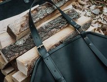 Firewood Log Carrier, Black Leather, Handmade by Fashion Racing
