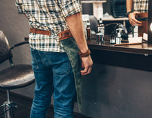 Waxed canvas and leather half apron in Olive & Tan - gardening, barista, bar