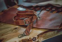 brown leather knife roll for chef, shoulder strap, knife bag