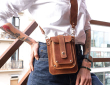 brown leather Small shoulder bag, vertical women's bag handmade with wide long strap