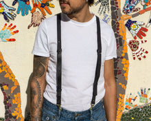 black leather suspenders with trigger snap for men