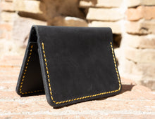 Minimalist Leather Wallet- Fashion Racing, Black Leather Yellow Thread