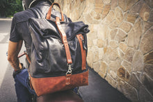Mens leather backpack - black brown leather rucksack