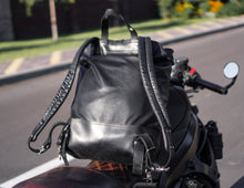black leather backpack for motorcycle