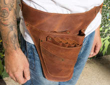 brown leather florist tool belt with pockets