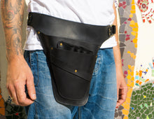Black leather tool belt with brass rivets