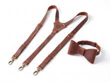 Brown leather suspenders and bow tie personalized grpmsman set, wedding gift