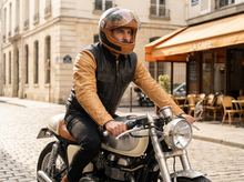 Giacca da motociclista Cafe Racer in pelle – Giacca da motociclista in pelle bovina marrone chiaro e nera, realizzata a mano di alta qualità, taglia 50 | Fashion Racing (M)