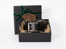 Black Leather Belt — Brushed Silver Square Buckle