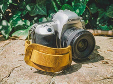 Yellow leather camera hand strap for Canon DSLR camera, handmade accessory for photographer