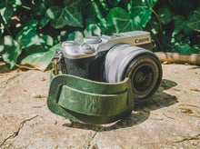 Green leather camera hand strap for Canon camera, handmade accessory for photographers