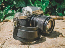 Black leather camera hand strap for Fujifilm X-T5, handmade accessory for photographer