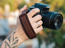 Personalized brown leather camera hand strap for Canon DSLR, handmade photography accessory