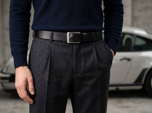 Black Leather Belt — Brushed Silver Square Buckle