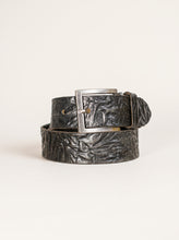 Black Textured Embossed Leather Belt — Silver Buckle