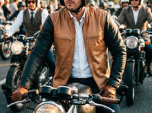 Chaqueta de cuero para moto Café Racer color tostado y negro – Chaqueta de motociclista de piel de vaca de primera calidad, talla 50 (M), Hecho a mano por Fashion Racing