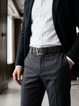 Black Textured Embossed Leather Belt — Silver Buckle
